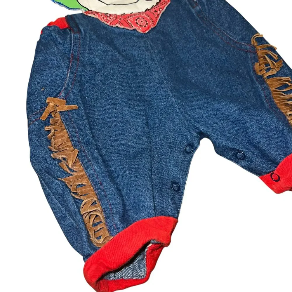 Vintage 80s western cowboy sheriff denim fringe overalls infant boys size 6-9mon